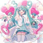  25-ji_miku 39 6+girls ahoge animal_ear_fluff animal_ears aqua_eyes aqua_hair aqua_necktie aqua_skirt arms_up ashika_(yftcc948) balloon bow chibi closed_mouth double_bun frilled_skirt frills grey_hair hair_bun hair_ornament hatsune_miku heart_balloon highres hiramado_miku kowareta_sekai_to_utaenai_miku leo/need_miku long_hair more_more_jump!_miku multiple_girls necktie official_alternate_costume official_alternate_hairstyle one_eye_closed open_mouth pleated_skirt project_sekai reaching reaching_towards_viewer simple_background skirt spoilers thighhighs twintails very_long_hair vivid_bad_squad_miku vocaloid white_bow white_thighhighs wonderlands_x_showtime_miku x_hair_ornament yellow_trim zettai_ryouiki 