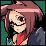  1girl animal_ears bandana black-framed_eyewear brown_hair closed_mouth commentary_request expressionless forehead glasses green_background looking_at_viewer lowres parted_bangs portrait ragnarok_iris ragnarok_online ranger_(ragnarok_online) red_bandana red_eyes short_hair solo upper_body wolf_ears wolf_girl 