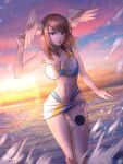  1girl bare_arms bare_shoulders blue_eyes breasts chest_tattoo choker cleavage cowboy_shot eunie_(xenoblade) frilled_skirt frills hand_up head_wings highres large_breasts light_brown_hair looking_at_viewer medium_hair moonllita ocean official_alternate_costume open_mouth skirt solo sunset swimsuit tattoo white_choker xenoblade_chronicles_(series) xenoblade_chronicles_3 