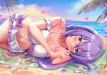  1girl absurdres beach beach_towel bikini bikini_skirt breasts front-tie_bikini_top front-tie_top highres hololive hololive_indonesia kaigan large_breasts long_hair lying moona_hoshinova navel ocean on_side petals purple_eyes purple_hair seashell shell smile starfish sunset swimsuit towel virtual_youtuber 