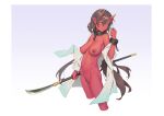  1girl bigrbear black_collar breasts brown_hair bug butterfly chain collar colored_skin gradient gradient_background green_eyes holding holding_polearm holding_weapon horns large_breasts long_hair navel nipples nude oni oni_horns original polearm red_skin shirt solo weapon white_shirt 