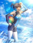  1girl arm_up ball barefoot beachball black_hair breasts brown_eyes commentary cowboy_shot dark-skinned_female dark_skin detached_sleeves fiery_hair gradient_hair highres holding holding_ball long_sleeves moonllita multicolored_hair ocean official_alternate_costume one_eye_closed open_mouth sena_(xenoblade) side_ponytail small_breasts smile solo swimsuit xenoblade_chronicles_(series) xenoblade_chronicles_3 