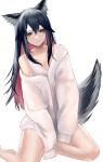  1girl absurdres animal_ears arknights bare_legs bare_shoulders bathrobe black_hair bra breasts brown_hair cleavage closed_mouth collarbone colored_inner_hair expressionless feet_out_of_frame highres kneeling long_hair long_sleeves looking_at_viewer multicolored_hair off_shoulder photoshop_(medium) red_hair samidareame simple_background sleeves_past_fingers sleeves_past_wrists solo tail texas_(arknights) underwear very_long_hair white_background white_bra wolf_ears wolf_girl wolf_tail 