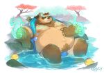 ambient_duck anthro asian_clothing bear belly big_belly big_moobs blue_clothing blue_fundoshi blue_underwear body_hair brown_body brown_fur bulge chest_hair chest_markings clothed clothing duskglitch east_asian_clothing fundoshi fur hand_on_belly happy_trail hi_res hot_spring japanese_clothing league_of_legends male mammal markings moobs nipples obese obese_male open_clothing open_topwear outside overweight overweight_anthro overweight_male partially_submerged plant pseudo_eyebrows reclining relaxed_expression relaxing riot_games robe sitting solo tencent topwear tree underwear volibear water