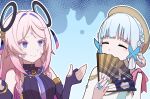  2girls bare_shoulders blue_background blue_eyes blue_flower blue_hair blue_vest blunt_bangs bow braid breasts bridal_gauntlets brown_hat butterfly_hair_ornament buttons citlali_(genshin_impact) closed_eyes closed_mouth commentary_request covering_own_mouth eyeshadow facial_mark flower forehead_mark genshin_impact gold_armlet gold_necklace hair_flower hair_ornament hand_fan hand_up hands_up hat highres holding holding_fan jewelry kamisato_ayaka kamisato_ayaka_(springbloom_missive) leotard long_hair looking_at_another makeup medium_breasts mole mole_under_eye multiple_girls nail_polish necklace necktie official_alternate_costume official_alternate_hairstyle pink_bow pink_hair pink_nails pink_pupils purple_leotard purple_necktie red_eyeshadow shirt short_hair sidelocks simple_background smile soku_(bluerule-graypray) turtleneck turtleneck_leotard twin_braids upper_body vest white_shirt 