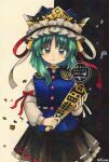  1girl artist_name asymmetrical_hair blue_eyes blue_vest blush bow closed_mouth commentary dated epaulettes frilled_hat frills green_hair hashtag-only_commentary hat highres long_sleeves looking_at_viewer maa_(forsythia1729) red_bow ribbon-trimmed_skirt ribbon_trim rod_of_remorse shiki_eiki sleeve_bow solo touhou traditional_media twitter_username vest watermark 