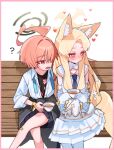  2girls absurdres ahoge animal_ear_fluff animal_ears bandaid bandaid_on_knee bandaid_on_leg black_jacket black_shirt blonde_hair blue_archive blue_ribbon blue_skirt blush bracelet closed_mouth clothes_around_waist crossed_legs cup detached_sleeves dress fang floral_print forehead fox_ears fox_girl fox_tail hair_over_one_eye highres holding holding_cup huge_ahoge jacket jacket_around_waist je_o_mo jewelry long_hair multiple_girls neru_(blue_archive) neru_(school_uniform)_(blue_archive) official_alternate_costume on_bench open_clothes open_mouth open_shirt pantyhose pink_eyes pleated_skirt red_eyes red_hair ribbon seia_(blue_archive) shirt shirt_under_shirt short_hair sitting skirt sleeves_past_fingers sleeves_past_wrists sweat tail tea teacup white_dress white_pantyhose white_shirt 
