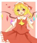  1girl blonde_hair breasts clenched_hand collared_shirt cowboy_shot ellipsis_(mitei) fangs flandre_scarlet frilled_skirt frills hair_between_eyes hat hat_ribbon heart looking_at_viewer medium_hair mob_cap multicolored_wings open_mouth pink_background red_eyes red_ribbon red_skirt red_vest ribbon shirt short_sleeves side_ponytail skirt skirt_set small_breasts solo touhou vest white_headwear white_shirt wings 