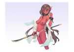  1girl bigrbear black_collar breasts brown_hair chain collar colored_skin female_pubic_hair gradient gradient_background green_eyes holding holding_polearm holding_weapon horns large_breasts long_hair navel nipples oni oni_horns original polearm pubic_hair red_skin shirt solo weapon white_shirt 