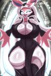  anthro arms_in_front big_breasts breasts church clothed clothing dress eeveelution fangs female fur generation_6_pokemon hi_res huge_breasts legwear looking_at_viewer misx nintendo nun nun_outfit partially_clothed pink_body pink_fur pokemon pokemon_(species) smile solo spread_arms sylveon thick_thighs thigh_highs video_games white_body white_fur wide_hips 