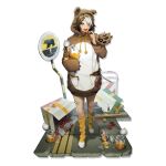  1girl :d animal_costume animal_ears arknights bangs bear bear_ears beehunter_(arknights) beehunter_(honey_pilferer)_(arknights) breasts brown_hair brown_hoodie commentary_request fang food fruit full_body hair_over_one_eye hand_up holding holding_food honey hood hoodie long_sleeves looking_at_viewer multicolored_clothes multicolored_hair multicolored_hoodie non-web_source official_alternate_costume official_art open_mouth purple_eyes short_hair shorts sign simple_background smile solo source_request standing strawberry streaked_hair teeth two-tone_hair white_background white_hair white_hoodie 