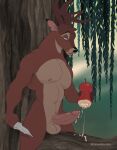  anthro antlers apple bambi_(film) bodily_fluids cervid cum cum_in_toy disney erection genital_fluids genitals half-closed_eyes hi_res horn knife male mammal michwolfestein muscular narrowed_eyes penetrable_sex_toy penis plant ronno sex_toy solo tree unusual_penetration vein veiny_penis 