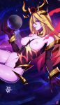  1girl blonde_hair breasts colored_skin dark_cosmic_lux distr elbow_gloves facial_mark from_side giant giantess gloves gradient_hair hair_between_eyes highres large_breasts league_of_legends long_hair looking_at_viewer lux_(league_of_legends) multicolored_hair nipples parted_lips pink_skin planet red_eyes red_gloves red_hair signature smile solo space starry_background torn_clothes 