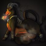  balls bedroom_eyes big_balls big_penis bodily_fluids bottom_heavy breath breath_powers butt canid canine cuff_(restraint) digital_media_(artwork) elemental_manipulation erection feral fire fire_breathing fire_manipulation foreskin generation_2_pokemon genitals half-closed_eyes hi_res horn houndoom humanoid_genitalia humanoid_penis looking_at_viewer male mammal musk musk_clouds musky_balls musky_penis narrowed_eyes nintendo nude open_mouth penis pokemon pokemon_(species) restraints retracted_foreskin seductive shackles simple_background smile smolreapy solo sweat tail thick_thighs tongue tongue_out warm_colors warm_lighting wide_hips 