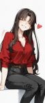  1girl absurdres belt black_hair black_pants breasts brown_belt character_request cleavage closed_eyes collared_shirt commentary copyright_request grin heart highres kamisato_sora large_breasts long_hair motion_lines pants parted_bangs red_shirt shirt shirt_tucked_in simple_background sitting smile solo symbol-only_commentary tohsaka_rin white_background 