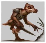  4_toes 5_fingers absurd_res adobe_photoshop_(artwork) anthro armor barefoot border claws clothed clothing digital_media_(artwork) digital_painting_(artwork) feet finger_claws fingers front_view grey_background hi_res holding_melee_weapon holding_object holding_sword holding_weapon john_tedrick kobold looking_at_viewer male melee_weapon mouth_closed muscular muscular_thighs painting_(artwork) pupils red_body red_eyes red_scales scales scalie shadow short shoulder_pads signature simple_background slit_pupils snout solo spiked_tail spikes spikes_(anatomy) sword tail talons thick_thighs three-quarter_view toe_claws toes walking weapon white_border 
