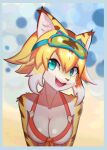  1girl :3 :d animal_nose aqua_eyes breasts cleavage furry furry_female goggles goggles_on_head hair_between_eyes looking_at_viewer mia_(world_flipper) short_hair sidelocks smile solo thick_eyebrows tiger_girl tp10 upper_body world_flipper 