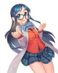  1girl bangs black-framed_eyewear blue_bow blue_bowtie blue_eyes blue_hair bow bowtie cowboy_shot floating_hair futari_wa_precure glasses grey_skirt hair_ornament heart heart_hair_ornament jacket labcoat long_hair long_sleeves looking_at_viewer miniskirt open_mouth orange_jacket parted_bangs plaid plaid_skirt pleated_skirt precure rotix school_uniform shiny shiny_hair simple_background skirt solo standing striped striped_bow striped_bowtie thigh_gap verone_gakuin_school_uniform very_long_hair white_background yukishiro_honoka 