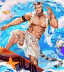  1boy abs animal animal_ears anjingkuxiao armband ball beachball bracelet facial_hair fish grey_hair jewelry large_pectorals male_focus male_swimwear muscular muscular_male navel nipples one_eye_closed original pectorals scar scar_on_cheek scar_on_face see-through short_hair smile surfboard surfing tail teeth tiger tiger_boy tiger_ears tiger_tail vest water waves white_male_swimwear white_vest 