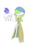  1girl :t bangs blank_eyes blue_dress blue_headwear bob_cut cabbie_hat closed_eyes closed_mouth clothed_pokemon colored_skin commentary cup dress drink fire flat_chest full_body gardevoir green_hair green_skin hai_(gardevoirrr) hair_between_eyes hand_on_own_cheek hand_on_own_face hand_up hat head_rest highres invisible_chair litwick multicolored_skin o3o pocket pokemon pokemon_(creature) pokemon_(game) pokemon_unite purple_fire saucer short_hair simple_background sitting sleeping sleeveless sleeveless_dress steam stool teacup two-tone_dress two-tone_skin u_u white_background white_skin yellow_dress yellow_eyes 