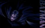  1boy batman batman_(series) black_background black_cape black_hair bruce_wayne burn_(515123013) cape character_name closed_mouth commentary dc_comics dc_extended_universe english_commentary eyeliner looking_up makeup male_focus short_hair simple_background solo superhero_costume the_batman_(2022) upper_body 