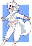  absurdres animal_ears baggy_pants black_hair blue_eyes blush capri_pants extra_ears fur_collar hair_between_eyes highres kemono_friends long_sleeves midriff_peek multicolored_hair navel neckerchief official_alternate_costume open_mouth pants pariparifromage puffy_sleeves raccoon_ears raccoon_girl raccoon_tail sailor_collar short_hair sidelocks sweater tail tanuki_(kemono_friends) two-tone_hair white_fur white_hair white_neckerchief white_pants white_sweater 