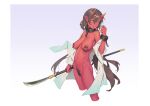  1girl bigrbear black_collar breasts brown_hair chain collar colored_skin female_pubic_hair gradient gradient_background green_eyes holding holding_polearm holding_weapon horns katana large_breasts long_hair navel nipple_piercing nipples nude oni oni_horns original piercing polearm pubic_hair red_skin shirt solo sword weapon white_shirt 