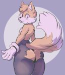  2022 5_fingers absurd_res anthro blush bottomwear bulge butt canid canine clothing colored dipstick_tail fingers fluffy fluffy_tail fox fur girly gloves hair handwear hi_res legwear male mammal markings miles_prower multicolored_body multicolored_fur nyankyun540 pantyhose sega simple_background solo solo_focus sonic_the_hedgehog sonic_the_hedgehog_(series) tail_markings torn_clothing tuft two_tone_body two_tone_fur video_games white_body white_fur yellow_body yellow_fur 