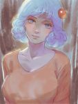  1girl blue_eyes blue_hair breasts cleavage closed_mouth collarbone commentary curly_hair densetsu_kyojin_ideon hair_ornament head_tilt highres kitty_kitten large_breasts light_smile nucca_dzuke orange_shirt shirt short_hair solo upper_body 