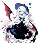  1girl artist_name black_skirt blue_flower blue_rose flower grin hat heart high-waist_skirt highres long_sleeves looking_at_viewer low_wings original red_eyes rose sheya shirt short_hair signature simple_background skirt smile solo teeth_hold white_background white_hair white_shirt wings 