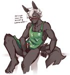  anthro apron apron_only black_body black_fur blush bodily_fluids canid canine clothing cum cum_on_clothing erection fur genital_fluids genitals hair hi_res leaning leaning_back looking_at_viewer male mammal mostly_nude penis red_eyes shoko_contane simple_background solo white_hair 