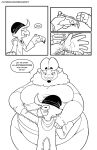 2021 4_panel_comic 5_fingers anthro avian beak beanie belly belly_overhang big_belly bird black_and_white blush blush_lines borderless_panel bovid caprine clenched_teeth clothed clothing comic dialogue digital_media_(artwork) duo english_text erect_tail eyebrow_through_hair eyebrows eyes_closed facial_hair feathers fingers food fur goatee grin hair hat headgear headwear hi_res holding_food holding_object holding_pizza hoodie huge_thighs josh_(nekocrispy) looking_down_at_another male male/male mammal monochrome moobs nekocrispy obese obese_anthro obese_male open_mouth open_smile overweight overweight_anthro overweight_male pizza pupils roy_(nekocrispy) scut_tail sheep shirt short_tail simple_background size_difference slim_anthro slim_male smile speech_bubble standing tail talking_to_another teeth text thick_thighs topwear translucent translucent_hair url white_background wide_hips wool_(fur) wool_hair wrist_grab