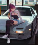  1girl absurdres arm_support black_leotard black_thighhighs blue_eyes blue_shorts blush breasts can car check_vehicle crossed_legs denim denim_shorts grey_car grin high_ponytail highleg highleg_leotard highres holding holding_can ko-ma large_breasts leotard leotard_under_clothes long_hair long_sleeves looking_at_viewer mazda_rx-7 motor_vehicle on_car original outdoors ponytail purple_hair red_hair riona_(ko-ma) shoes short_shorts shorts shrug_(clothing) sitting sleeves_past_wrists smile sneakers solo strapless strapless_leotard thighhighs vehicle_request white_shoes 