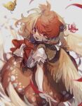  animal_on_head ayahi_4 bird bird_on_head bird_tail bird_wings blonde_hair brown_dress chick chicken dress feathered_wings highres multicolored_hair niwatari_kutaka on_head orange_dress red_hair shirt tail tail_feathers touhou two-tone_hair white_shirt wings yellow_wings 