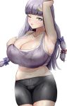  1girl alternate_costume arm_up armpits bare_shoulders black_shorts blunt_bangs blush bow breasts cleavage collarbone covered_nipples crescent crescent_hair_ornament hair_bow hair_ornament large_breasts long_hair looking_at_viewer midriff multiple_hair_bows navel no_headwear one_eye_closed patchouli_knowledge presenting_armpit purple_hair purple_tank_top short_shorts shorts solo sweat tank_top thighs tight_clothes touhou white_trim yahow 