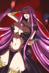  1girl absurdres blindfold breasts bustier fate/grand_order fate_(series) gorgon_(fate) highres kowatsu_no_break large_breasts long_hair medusa_(fate) navel purple_hair red_background revealing_clothes scales snake_hair solo stomach very_long_hair 