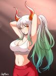  1girl :o absurdres adjusting_hair arms_up breasts cleavage gradient_hair green_hair highres horns jay_flare large_breasts leggings long_hair midriff multicolored_eyes multicolored_hair multicolored_horns navel one_piece orange_horns ponytail red_eyes red_horns sideboob sidelocks solo tank_top two-tone_hair white_hair white_tank_top yamato_(one_piece) yellow_eyes 