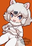  1girl animal_ears baggy_pants black_hair blue_eyes blush cowboy_shot extra_ears fur_collar hair_between_eyes highres kemono_friends kemono_friends_3 long_sleeves midriff_peek mugise_hitsuji multicolored_hair neckerchief official_alternate_costume open_mouth pants raccoon_ears raccoon_girl raccoon_tail sailor_collar shirt short_hair sidelocks smile solo sweater tail tanuki_(kemono_friends) two-tone_hair watermark white_fur white_hair white_neckerchief white_pants white_shirt white_sweater 