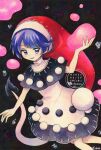  1girl artist_name black_capelet blob blue_eyes capelet commentary dated doremy_sweet dream_soul dress hashtag-only_commentary hat highres looking_at_viewer maa_(forsythia1729) multicolored_dress nightcap open_mouth pom_pom_(clothes) purple_hair red_hat smile solo tail tapir_girl tapir_tail touhou traditional_media twitter_username watermark 