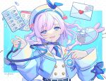  1girl :d aqua_background award_ribbon belt_collar blister_pack blue_collar blue_eyes blue_jacket blue_necktie blue_ribbon border bow broken_mirror buckle buttons collar collared_shirt crack cropped_jacket double-breasted floral_print frown hair_between_eyes hand_mirror hat hat_bow hat_ornament heart heart-shaped_buckle heart_hat_ornament holding_own_leash indie_utaite jacket letter long_sleeves looking_at_viewer love_letter medium_hair mirror necktie official_art open_clothes open_jacket outside_border pill pink_hair postage_stamp ribbon ruru_(utaite) sad_smile sailor_collar sailor_hat sarasakuna shirt sleeve_ribbon sleeves_past_wrists smile solo tulip_print two_side_up upper_body utaite vest white_border white_hat white_shirt white_vest 