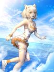  1girl animal_ears bare_arms bare_legs bare_shoulders bracelet breasts cleavage commentary cowboy_shot frilled_skirt frills highres jewelry looking_at_viewer mio_(xenoblade) moonllita ocean official_alternate_costume open_mouth sandals short_hair skirt small_breasts smile solo swimsuit white_footwear white_hair white_skirt xenoblade_chronicles_(series) xenoblade_chronicles_3 yellow_eyes 