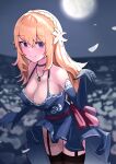  1girl arm_up bangs bare_shoulders black_thighhighs blonde_hair blue_dress blue_eyes blurry blurry_background blush braid breasts choker cleavage closed_mouth commission dress elbow_gloves feet_out_of_frame field flower flower_field garter_belt garter_straps girls&#039;_frontline gloves highres jewelry leaning_forward long_hair looking_at_viewer medium_breasts moon mosin-nagant_(girls&#039;_frontline) mosin-nagant_(moonlit_ocean)_(girls&#039;_frontline) necklace official_alternate_costume petals purple_choker ring smile solo solokitsune standing thighhighs 