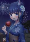  1girl aerial_fireworks animal_ear_fluff animal_ears bangs blonde_hair blue_eyes blue_hair blue_kimono blunt_bangs blurry blurry_background blush breasts candy_apple cat_ears character_request collarbone commentary_request copyright_request embarrassed eyelashes festival fireworks floral_print flower food hair_flower hair_ornament high_ponytail highres holding holding_food japanese_clothes kimono long_hair looking_at_viewer multicolored_hair night night_sky obi open_mouth ponytail print_kimono robotzombieneco sash shiny shiny_hair sky small_breasts solo star_(sky) starry_sky streaked_hair summer_festival tree upper_body wide_sleeves yukata 