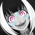  1:1 animal_humanoid bangs black_hair bodily_fluids cetacean cetacean_humanoid collar creepy facial_markings female glowing glowing_eyes hair head_markings hi_res humanoid looking_at_viewer mammal marine marine_humanoid markings monochrome monster_girl_(genre) multicolored_hair open_mouth open_smile orca_humanoid pink_eyes saliva scary sharp_teeth shylily smile solo taiggerrock teeth tongue virtual_youtuber vtuber white_hair 