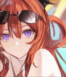  1girl arknights close-up glasses hair_rings highres horns jazztaki long_hair looking_at_viewer purple_eyes red_hair smile surtr_(arknights) 