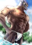  1boy abs absurdres bara bare_pectorals bare_shoulders bulge dark-skinned_male dark_skin fundoshi hands_on_hips helmet highres japanese_clothes jewelry large_pectorals magnoliaboxuzu male_focus muscular muscular_male pectorals scar shiva_(housamo) signature solo thighs tokyo_afterschool_summoners veins 