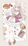  1girl :o absurdres animal_ear_fluff animal_ears apple_pie blonde_hair blush border bow brown_eyes brown_shoes cat_ears cat_girl cat_tail checkerboard_cookie commentary cookie cup dress food frilled_dress frills full_body grey_border hand_up heart heart-shaped_food highres kneehighs long_hair long_sleeves looking_at_viewer open_mouth original outside_border pencil pie red_dress saucer shoes sketchbook socks solo standing tail tea teacup teapot tsukiyo_(skymint) waist_bow white_background white_socks yellow_bow 