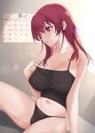  1girl black_panties blush breasts calendar_(object) crop_top heterochromia highres hololive houshou_marine large_breasts long_hair looking_away midriff navel ompf panties parted_lips red_eyes red_hair sitting solo sweat underwear virtual_youtuber yellow_eyes 