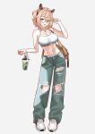  1girl alternate_costume animal_ears breasts brown_bag brown_hair cleavage commentary_request drink english_commentary full_body glasses green_eyes hand_up highres indie_virtual_youtuber jewelry large_breasts looking_at_viewer midriff navel necklace nimi_nightmare open_mouth pants seekorplatypus semi-rimless_eyewear shoes simple_background smile solo sports_bra standing tachi-e tapir_ears tapir_girl torn_clothes torn_pants under-rim_eyewear v virtual_youtuber white_background white_shoes white_sports_bra 