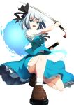  1girl black_ribbon blue_skirt blue_vest breasts brown_shoes commentary_request frilled_skirt frills green_eyes grey_hair highres hitodama holding holding_sheath holding_sword holding_weapon katana konpaku_youmu konpaku_youmu_(ghost) loafers looking_at_viewer neck_ribbon open_mouth puffy_short_sleeves puffy_sleeves ribbon sheath shirt shoes short_sleeves simple_background skirt skirt_set socks solo sword touhou unsheathed vest wakadori1234 weapon white_background white_shirt white_socks 